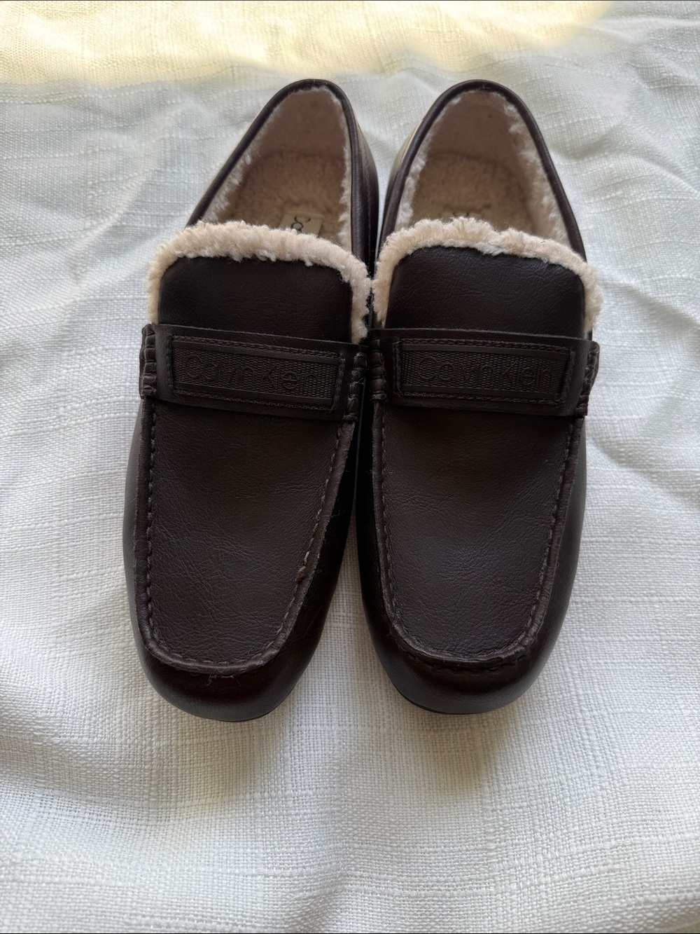 Calvin Klein Brown Leather Slip-On Moccasins with Cream Shearling